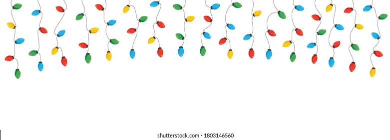 Vector Retro Colorful Holiday Christmas and New Year Hanging String Lights Isolated Top Frame on White Background. Winter Holiday Circular Decorative Element Perfect for Invitations, Postcards