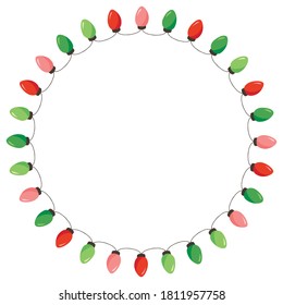 Vector Retro Colorful Holiday Christmas and New Year String Lights Isolated Round Frame on White Background. Winter Holiday Circular Decorative Element Perfect for Invitations, Postcards, Banners