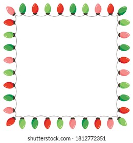 Vector Retro Colorful Holiday Christmas and New Year String Lights Isolated Square Frame on White Background. Winter Holiday Circular Decorative Element Perfect for Invitations, Postcards, Banners