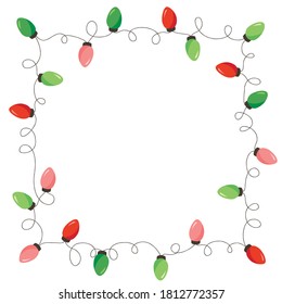 Vector Retro Colorful Holiday Christmas and New Year Intertwined String Lights Square Frame on White Background. Winter Holiday Circular Decorative Element Perfect for Invitations, Postcards