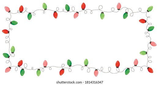 Vector Retro Colorful Holiday Christmas and New Year Intertwined String Lights Rectangular Frame on White Background. Winter Holiday Circular Decorative Element Perfect for Invitations, Postcards