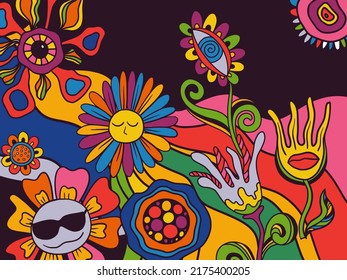 Vector retro colorful psychedelic poster in 1970s hippie style with funny flowers