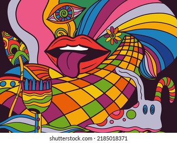 Vektor Retro bunter psychedelisches Poster im Hippie-Stil der 1970er