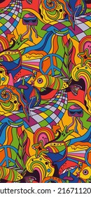 Vector retro colorful psychedelic seamless pattern in 1970s hippie style