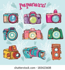 Vector retro colorful set pattern with cameras.