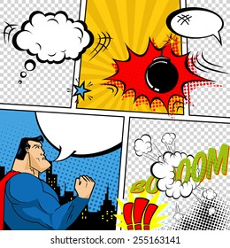 Vector Retro Comic Book Speech Bubbles Illustration. Mock-up of Comic Book Page with place for Text, Speech Bubbles, Symbols, Sound Effects, Colored Halftone Background and Superhero