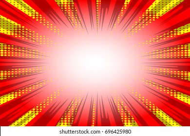 Vector retro comic red and yellow abstract background, half tone pop art style explosion effect design.