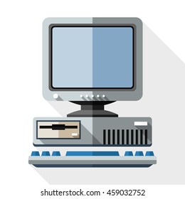 Vector Retro Computer Icon with Keyboard and CRT Monitor simple icon in flat style with long shadow on white background