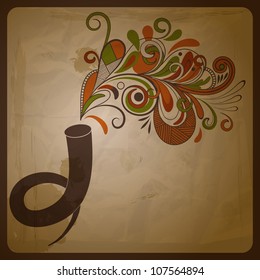 vector retro concept composition with horn and floral music coming on crumpled paper texture, eps 10,