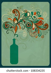 vector retro concept composition with stylized bottle of wine on grungy crumpled paper texture, eps 10