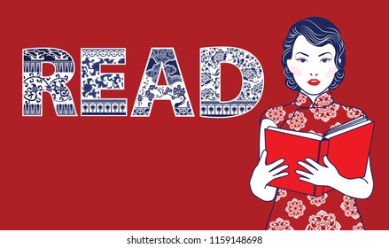 Vector of retro cute lady Chinese reading book with read text Chinese design on red background