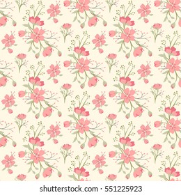 Vector retro cute seamless pattern with red simple flowers and branches. Floral background for printing on fabric, paper for scrapbooking, gift wrap and wallpapers.