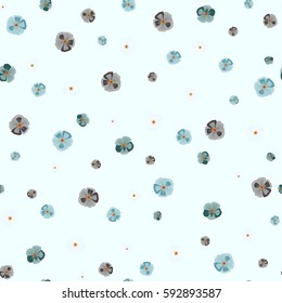 Vector retro cute seamless pattern with many flowers. Floral background in green and blue colors for printing on fabric, paper for scrapbooking.