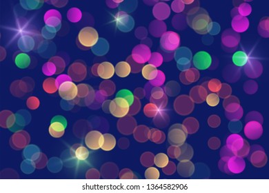 Vector retro dark blue bokeh background with colorful sparkles.