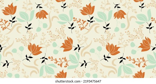 Vector retro delicate colours orange green wild floral elements forest seamless pattern background. Great for fabric allover fashion print, textile, wrapping, packaging, wallpapers and more
