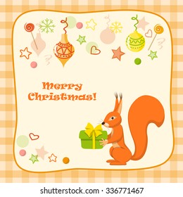 Vector retro design of christmas card with cartoon squirrel and hand drawn elements. EPS 10.