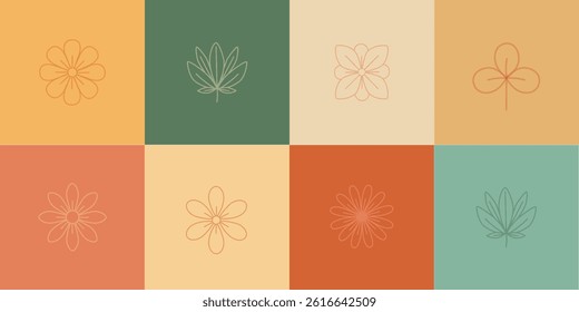 Vector retro design with flowers and leaves symbols in flat style. Geometric linear design in natural tones. Ideal for wallpapers, panels, packaging, textiles, banners, stained glass, eco interiors.