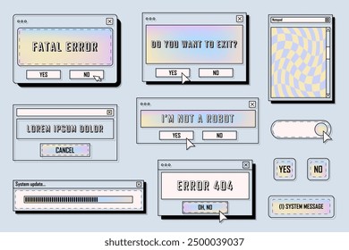 Vector retro digital frames or 90s vaporwave aesthetics computer system message window. Old and vintage desktop box for error and notification. UI dialog button for operation system design. UI and UX