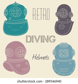 Vector retro diving helmets set