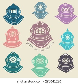 Vector retro diving helmets set