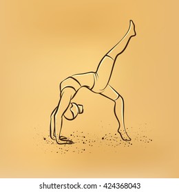 Vector retro drawing illustration of a woman practices yoga.