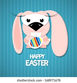 Vector Retro Easter Paper Background. Cute Pink Rabbit Holding Egg.