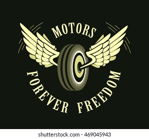 vector retro emblem on motorcycle tire with wings on a black background