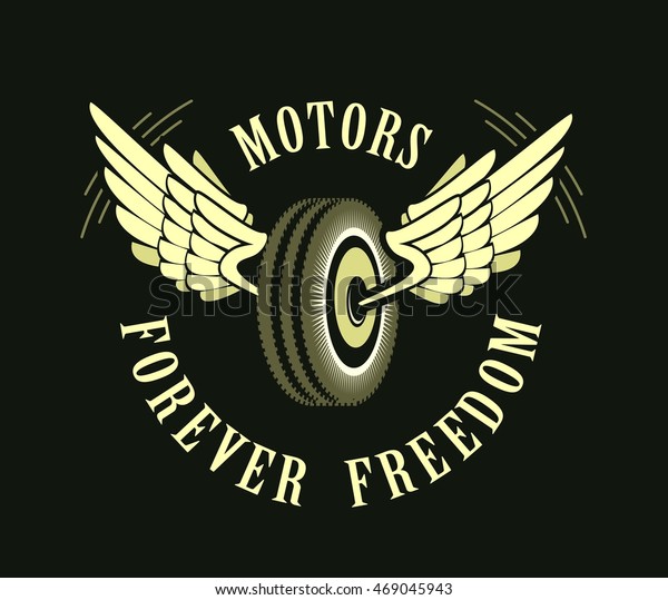 vector retro emblem on motorcycle tire with\
wings on a black\
background