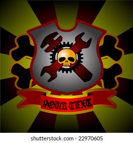 vector retro emo skull on shield with gear, crossed tools and crossed bones - with your sample text position