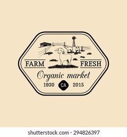 Vector retro family farm logotype. Organic premium quality products logo. Eco food sign. Vintage hand sketched rural landscape illustration.