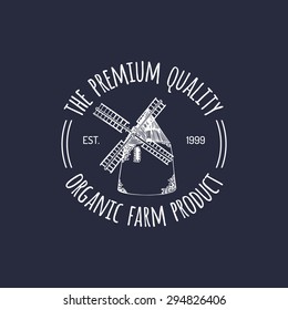 Vector retro family farm logotype. Organic premium quality products logo. Eco food sign. Vintage hand sketched windmill icon.