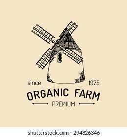 Vector retro farm fresh logotype. Organic premium quality products logo. Eco food sign. Vintage hand sketched windmill icon.