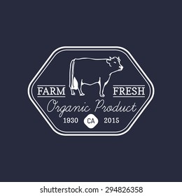 Vector retro farm fresh logotype. Organic premium quality products logo. Eco food sign. Vintage hand sketched cow icon.