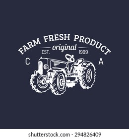 Vector retro farm fresh logotype. Organic premium quality products logo. Eco food sign. Vintage hand sketched tractor icon.