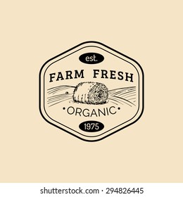 Vector retro farm fresh logotype. Organic premium quality products logo. Eco food sign. Vintage hand sketched haystack icon.