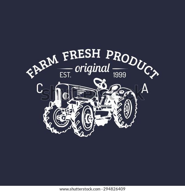 Vector\
retro farm fresh logotype. Organic premium quality products logo.\
Eco food sign. Vintage hand sketched tractor\
icon.