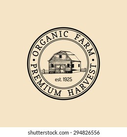 Vector retro farm logotype. Organic premium quality products badge. Eco food sign. Vintage hand sketched barn icon.