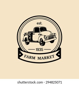 Vector retro farm market logotype. Organic premium quality products badge. Eco food sign. Vintage hand sketched pickup truck icon.