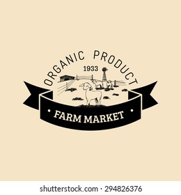 Vector retro farm market logotype. Organic premium quality products logo. Eco food sign. Vintage hand sketched rural landscape illustration.