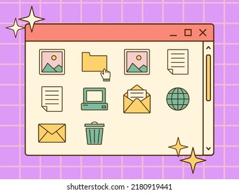 Vector retro file explorer. Nostalgic UI. Retro vaporwave computer interface. Cute folder.
