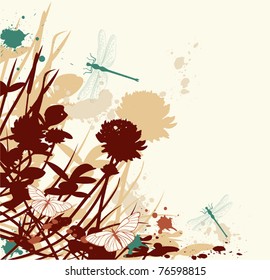 vector retro floral background with clower and dragonfly