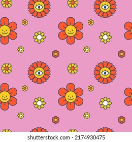 Vector retro floral pattern. Seamless pattern with flowers on pink background. Groovy pattern for children. Cute.
