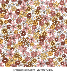 Vector retro floral seamless pattern in doodle style with cute flowers