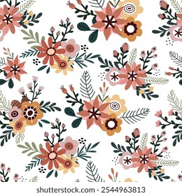 Vector retro floral seamless pattern in doodle style with cute flowers bouquet
