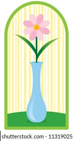 Vector Retro flower in bud vase on table. Background is yellow stripes on solid white fill with green border on a separate layer.