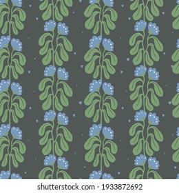 Vector retro flower and leaf motif seamless repeat pattern dark grey background