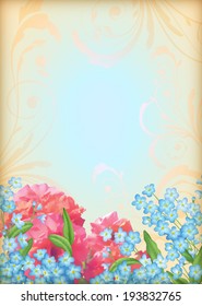 Vector retro flowers roses (peonies) and forget-me-nots background. Romantic floral invitation design in classic vintage style with decorations