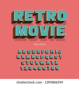 Vector retro font and alphabet. Bold numbers and letters