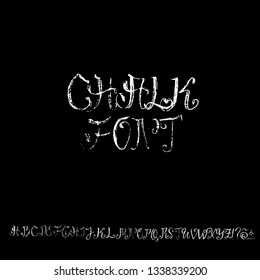 Vector retro font. Capital grunge letters. Chalk textured alphabet on blackboard background.