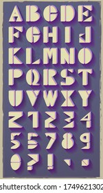Vector retro font. English alphabet. Fashion magazines of the 20th century. Aged letters.